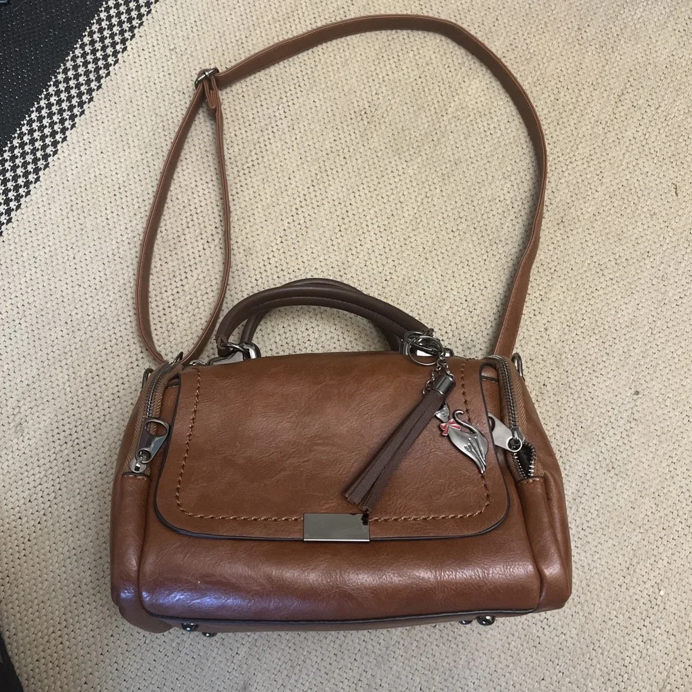 Tassel Shoulder Bag Large Brown Crossbody Purse Zipper & Strap Vegan Charms